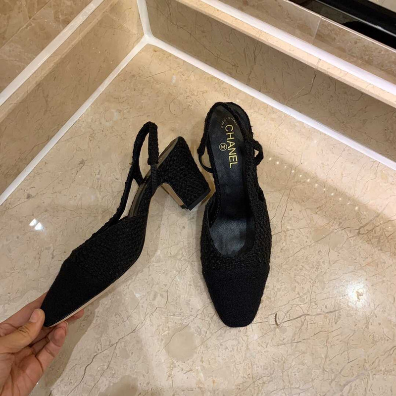 Ch*el classic sandals sheepskin mid-heel sandals black