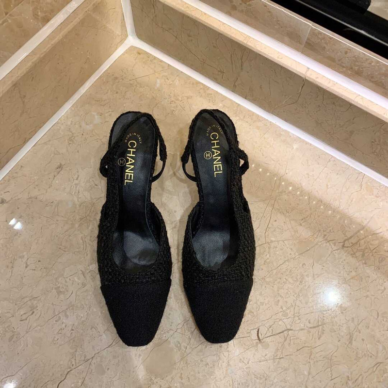 Ch*el classic sandals sheepskin mid-heel sandals black