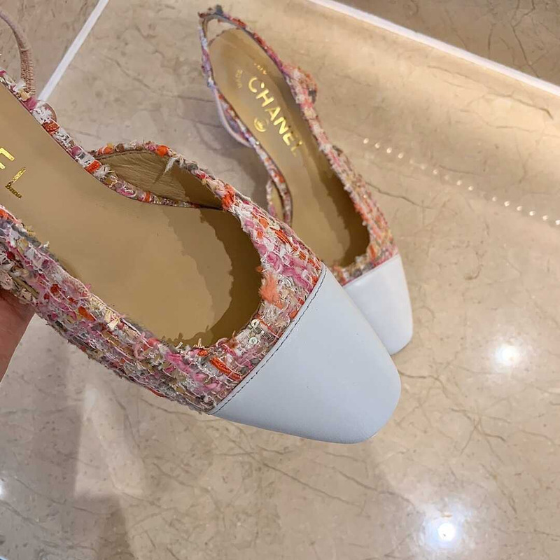 Ch*el classic sandals sheepskin mid-heel sandals multicolor