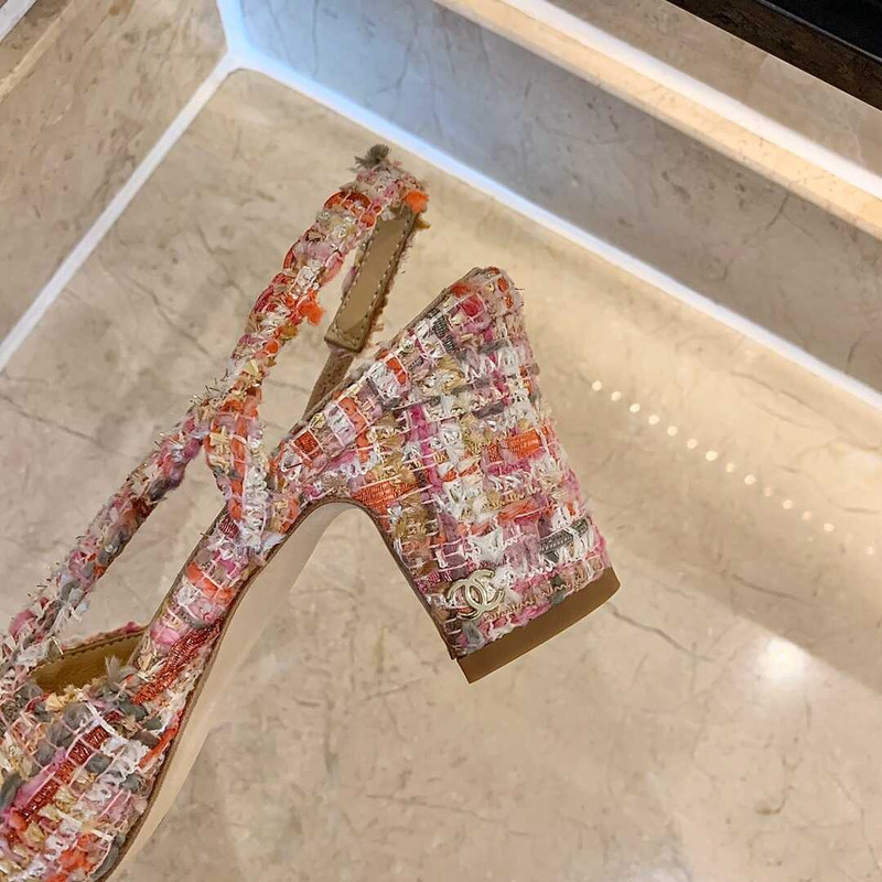 Ch*el classic sandals sheepskin mid-heel sandals multicolor