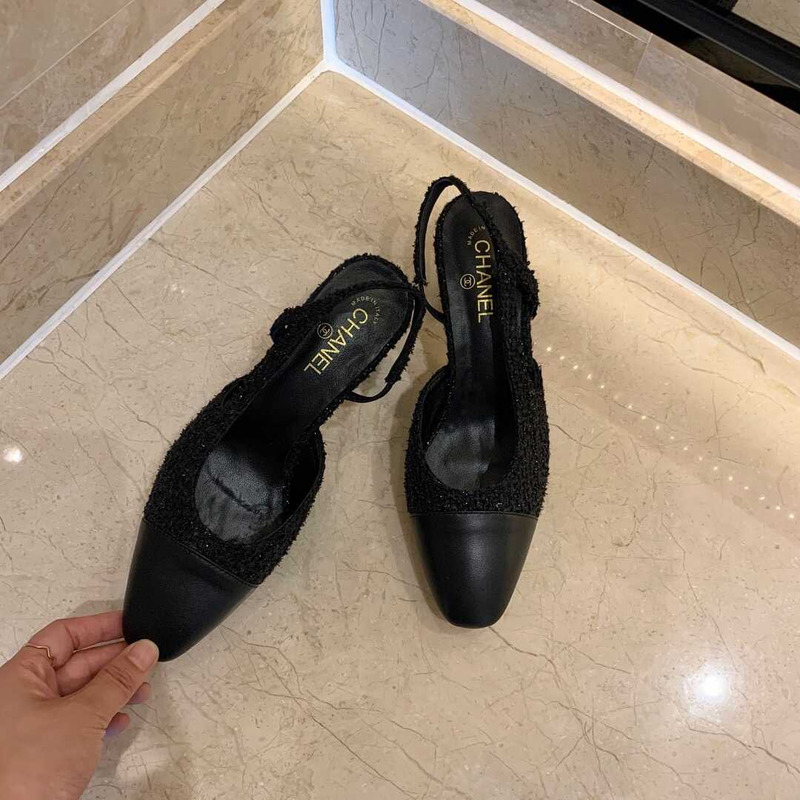 Ch*el classic sandals sheepskin mid-heel sandals black