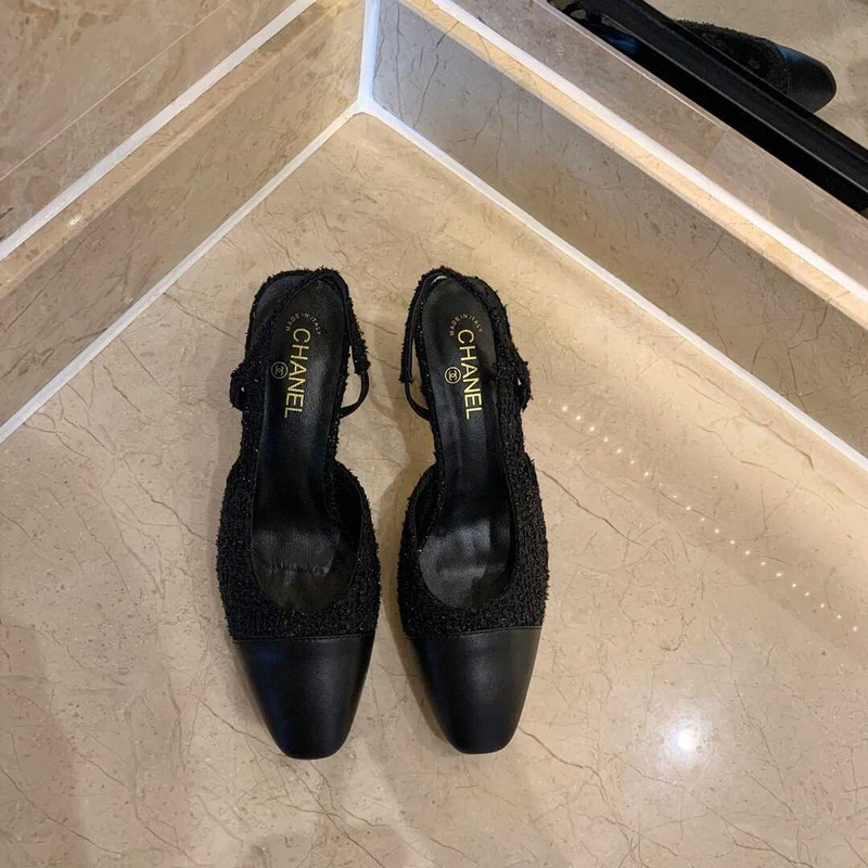 Ch*el classic sandals sheepskin mid-heel sandals black