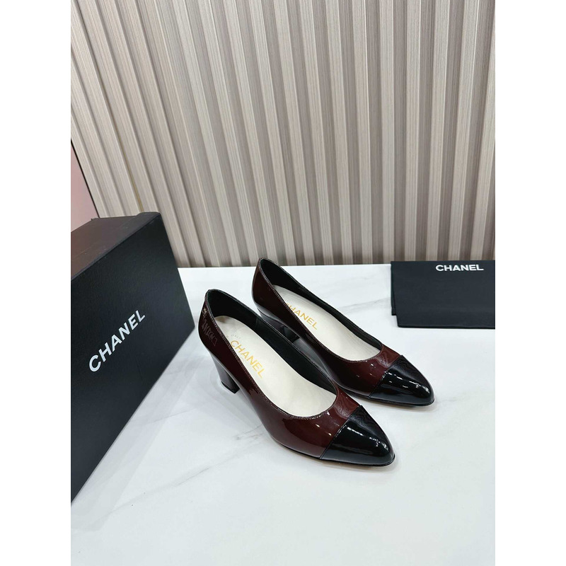 Ch*el pumps patent calfskin dark red & black
