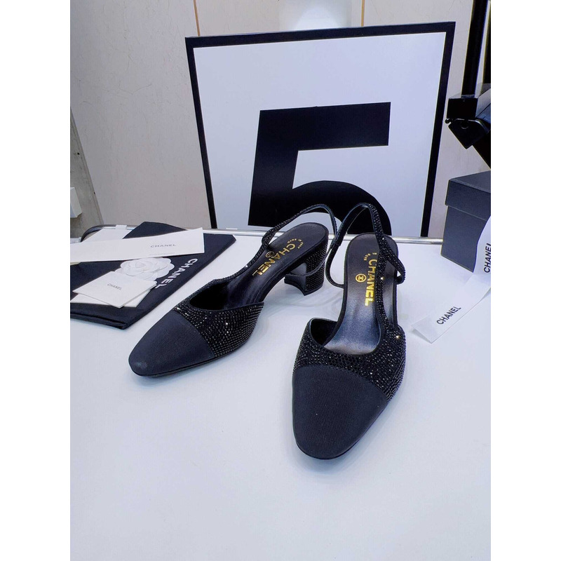 Ch*el strass 65mm slingbacks black grosgrain