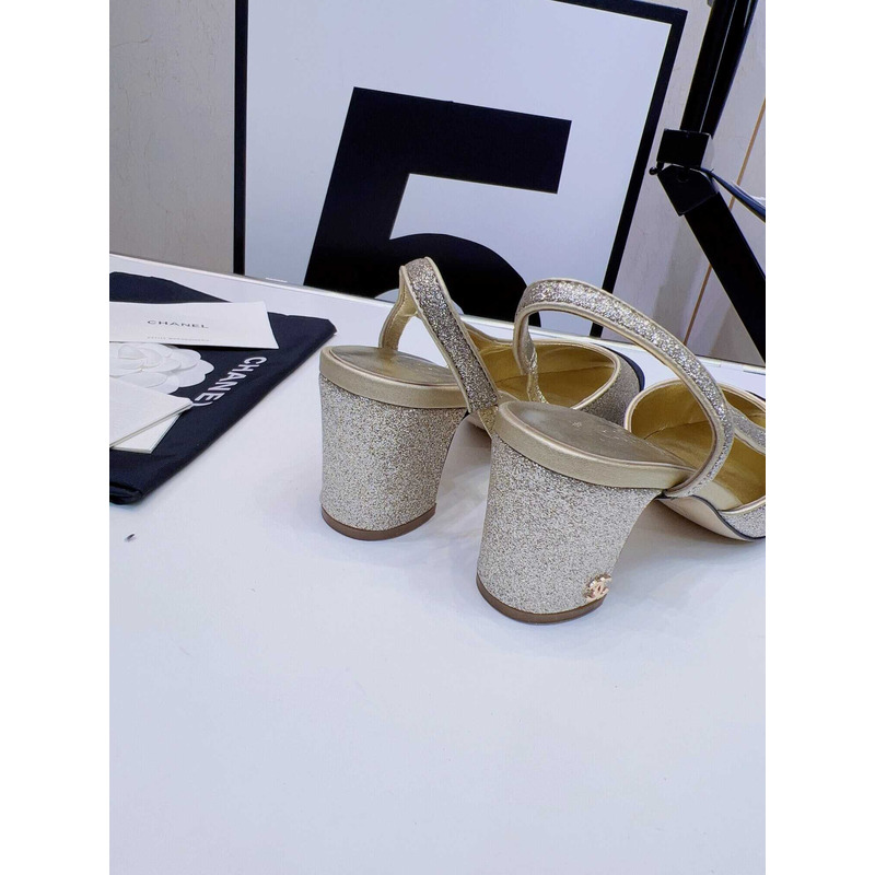 Ch*el strass 65mm slingbacks silver black grosgrain