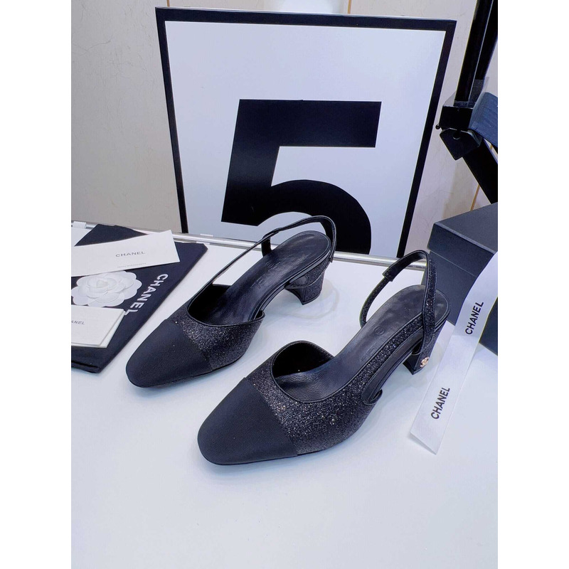 Ch*el strass 65mm slingbacks black grosgrain