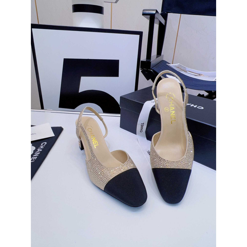 Ch*el strass 65mm slingbacks gold black grosgrain