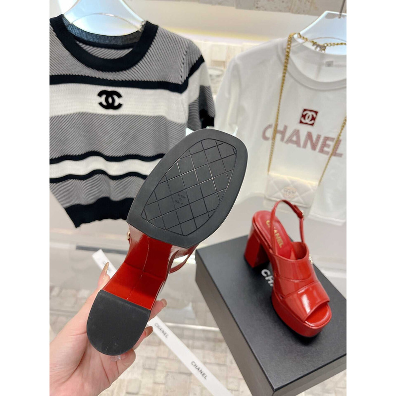 Ch*el lambskin heeled sandals red