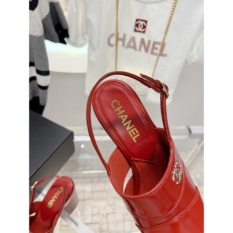 Ch*el lambskin heeled sandals red