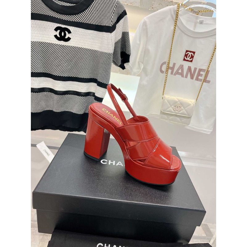 Ch*el lambskin heeled sandals red