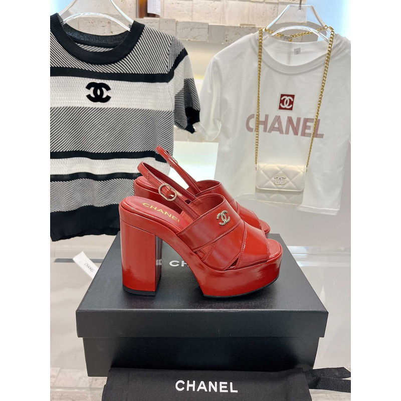 Ch*el lambskin heeled sandals red