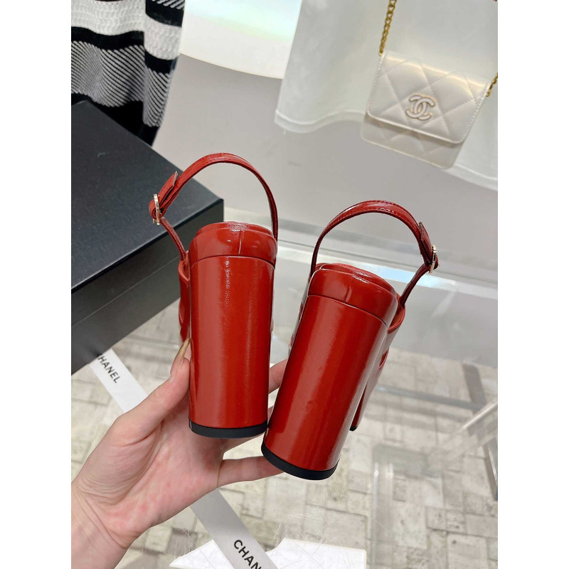 Ch*el lambskin heeled sandals red