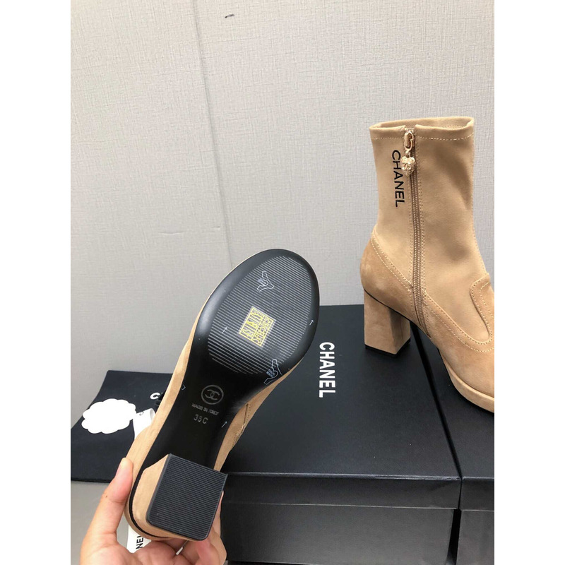 Ch*el short boots suede and patent calfskin beige