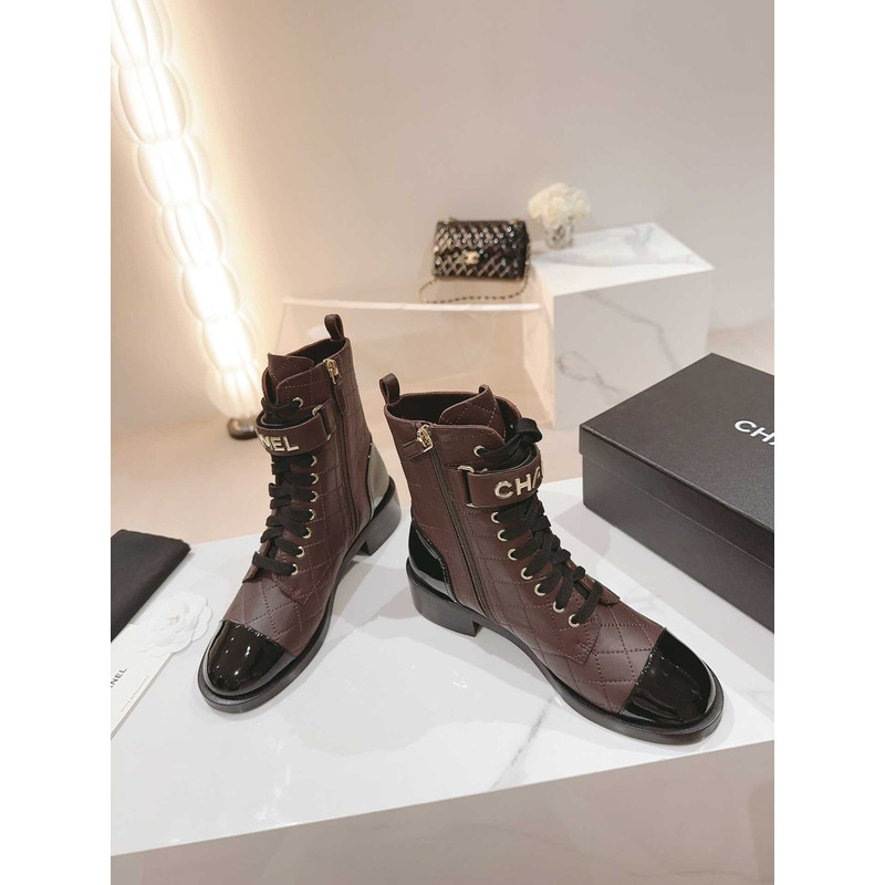 Ch*el military boots patent calfskin and lambskin wine
