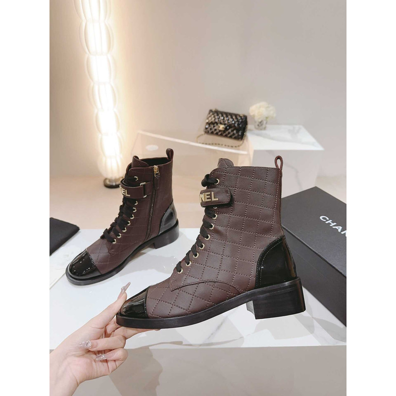 Ch*el military boots patent calfskin and lambskin wine
