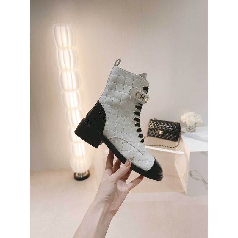 Ch*el military boots patent calfskin and lambskin white