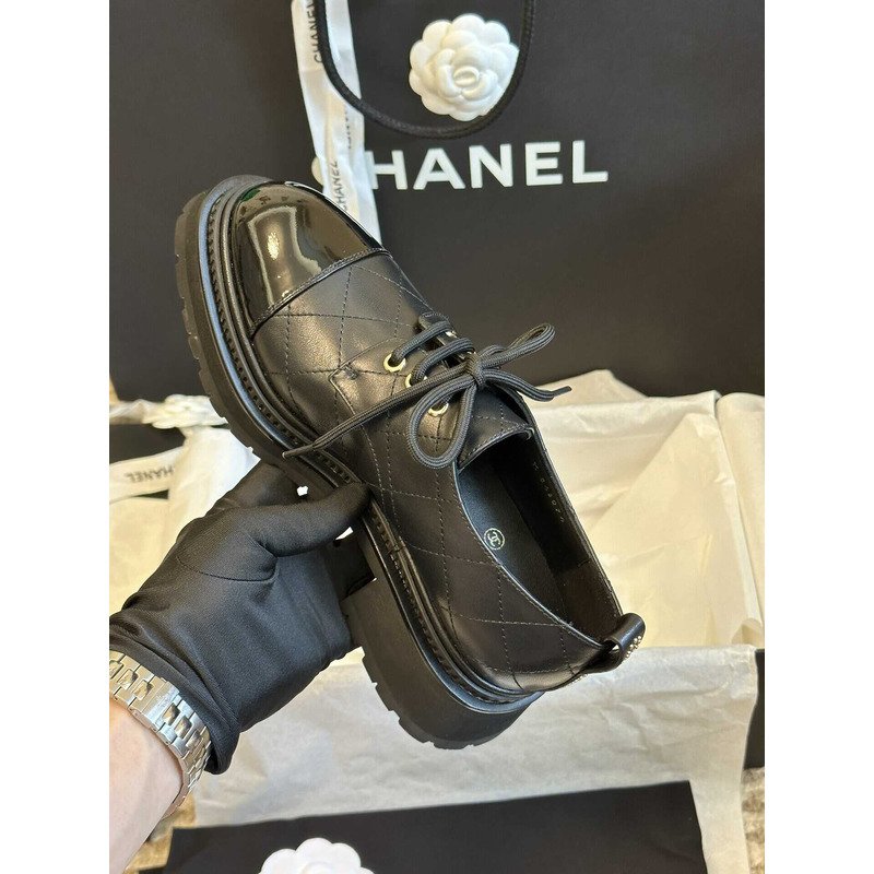 Ch*el lace up shoes calfskin & patent calfskin black