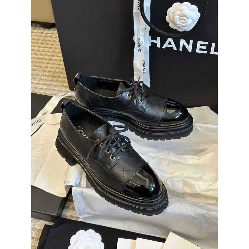 Ch*el lace up shoes calfskin & patent calfskin black