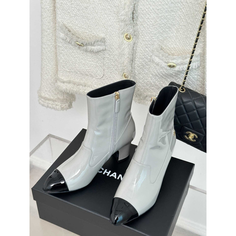 Ch*el short boots patent calfskin grey