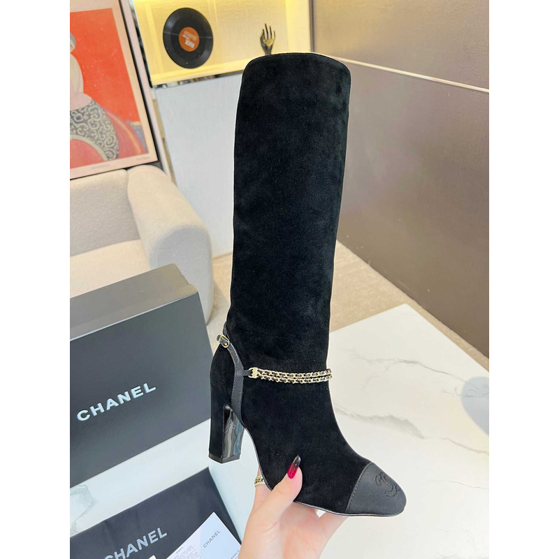 Ch*el high boots suede kidskin, grosgrain & metal black