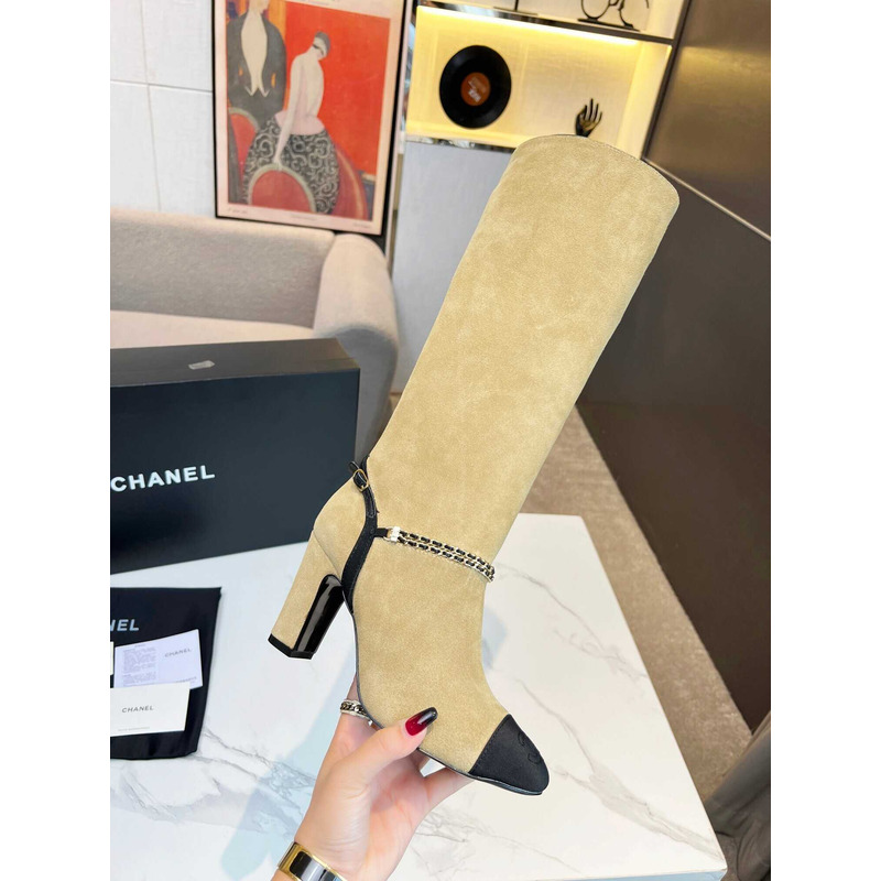 Ch*el high boots suede kidskin, grosgrain & metal beige