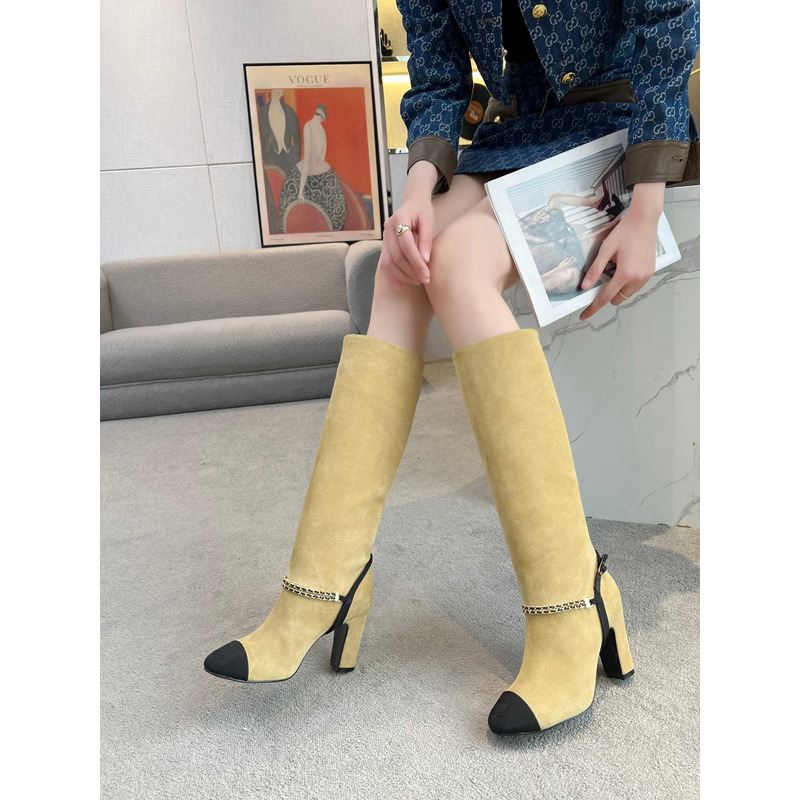 Ch*el high boots suede kidskin, grosgrain & metal beige