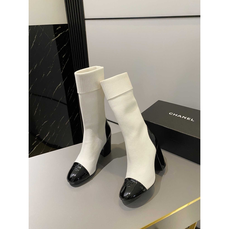 Ch*el short boots knit & patent calfskin white
