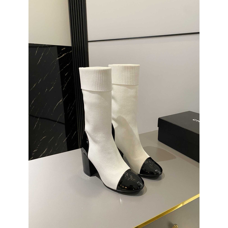 Ch*el short boots knit & patent calfskin white