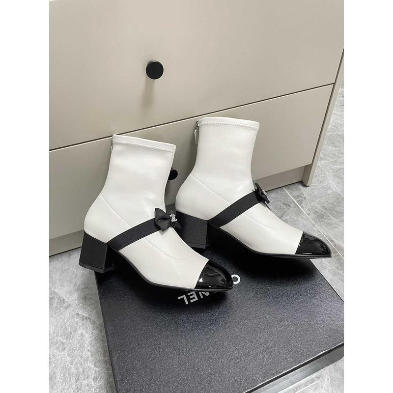 Ch*el short boots stretch lambskin & patent calfskin white
