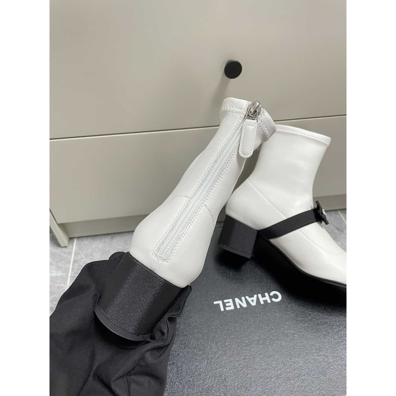 Ch*el short boots stretch lambskin & patent calfskin white