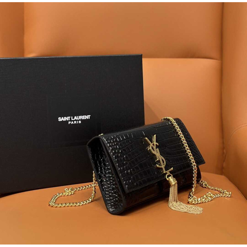 Saint Laurent Small Kate Crocodile-Embossed Leather Shoulder Bag With Tassel