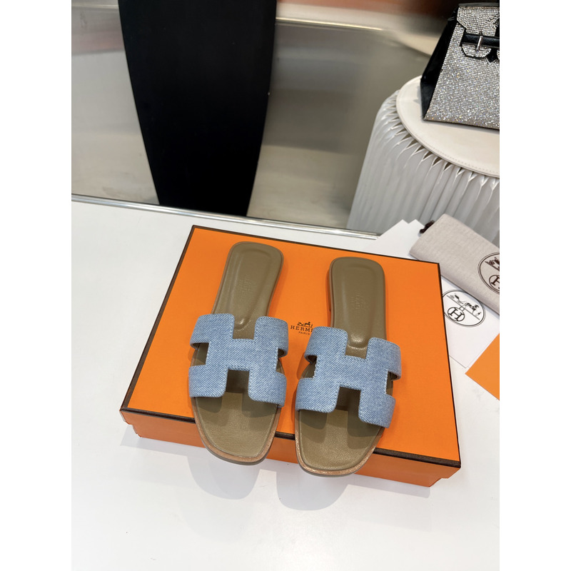 H**mes oran cloth sandal  green and light blue