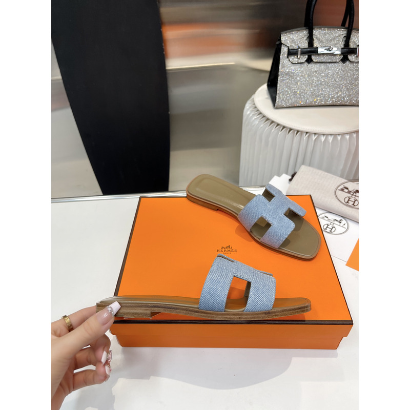 H**mes oran cloth sandal  green and light blue