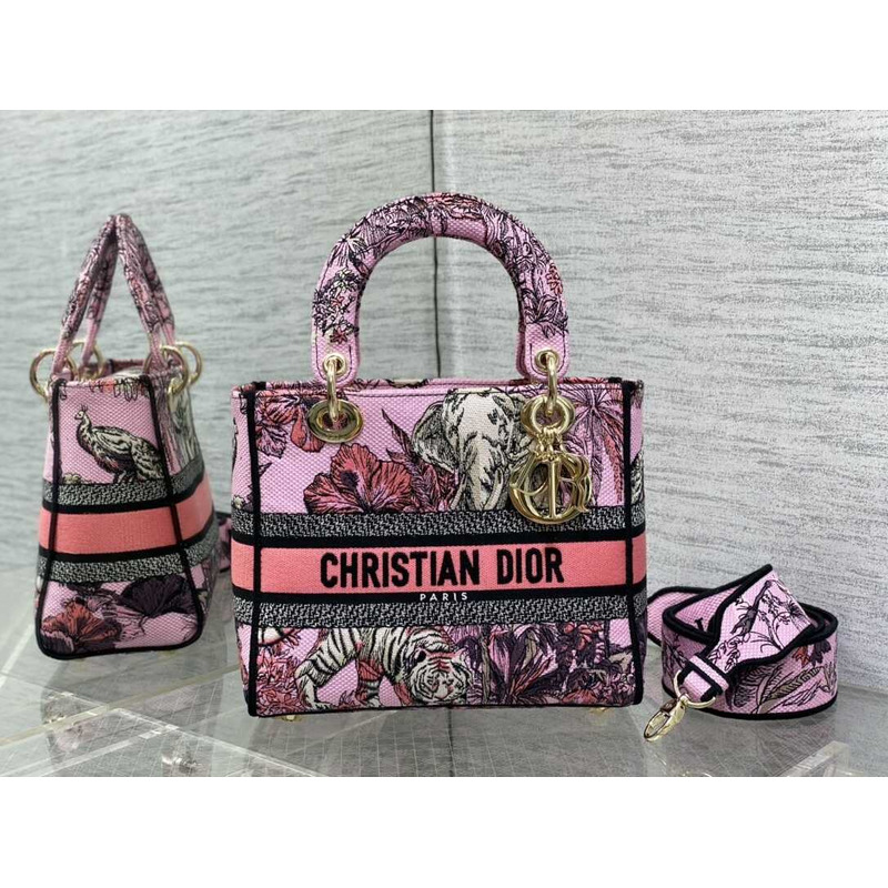 D*or medium lady d-lite bag pink multicolor toile de jouy voyage embroidery