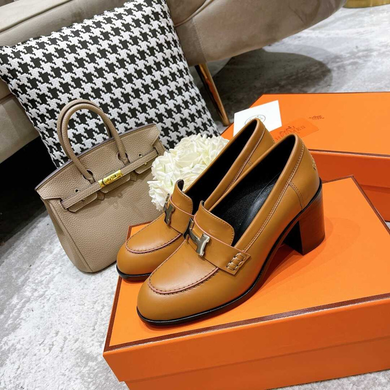 H**mes dauphine 70 high heel loafer in calfskin brown