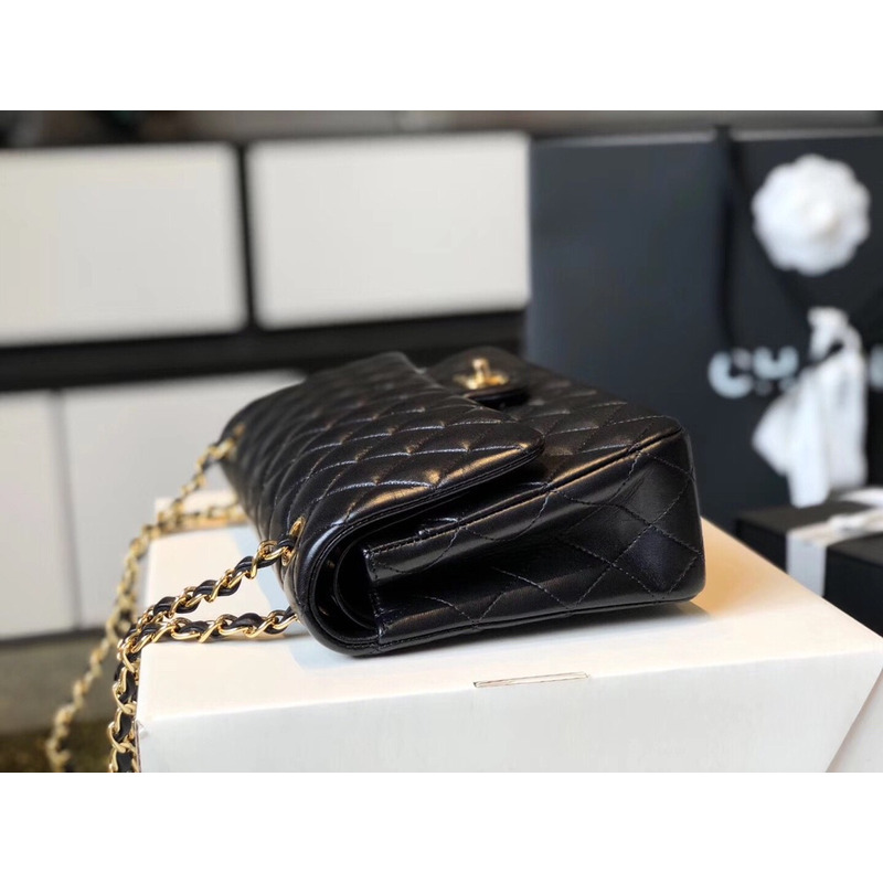 Ch*el medium classic double flap bag black lambskin gold hardware