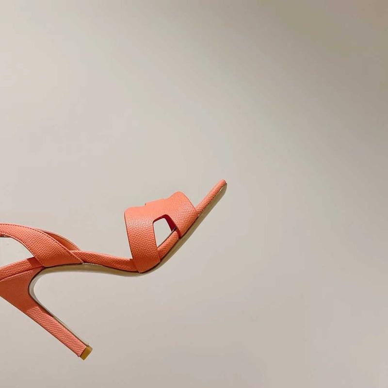 H**mes ella 105 calfskin heeled sandals black light orange