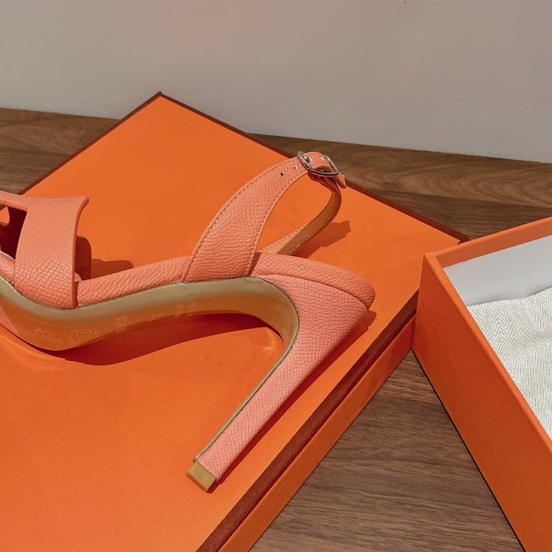 H**mes ella 105 calfskin heeled sandals black light orange