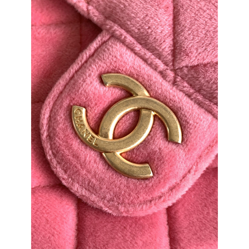 Ch*el small hobo bag velvet&gold tone metal pink