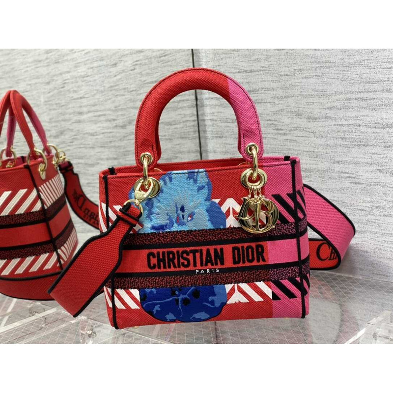 D*or medium lady d-lite bag embroidery red multicolor