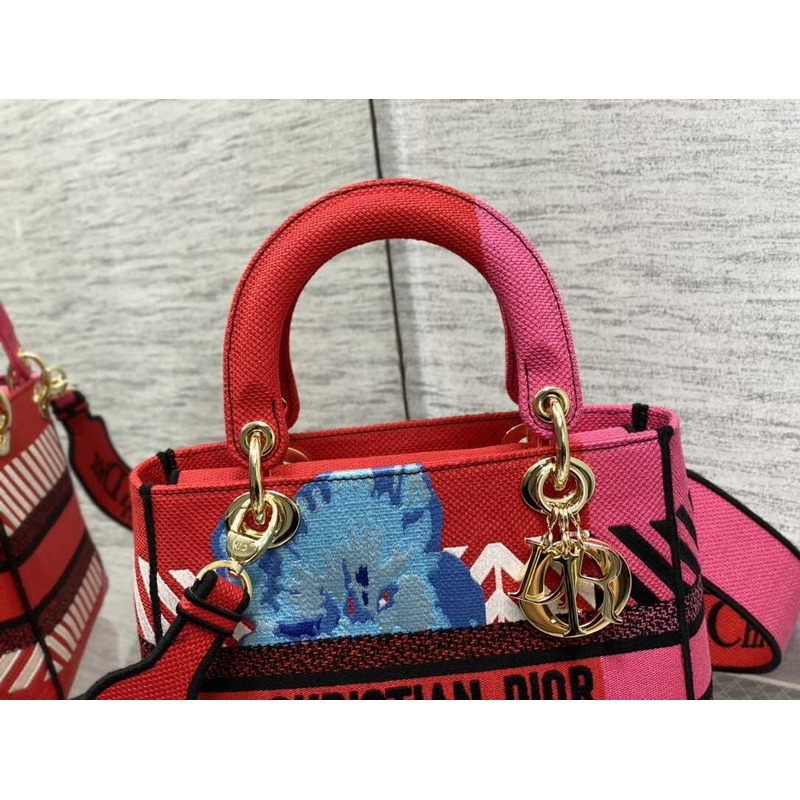 D*or medium lady d-lite bag embroidery red multicolor