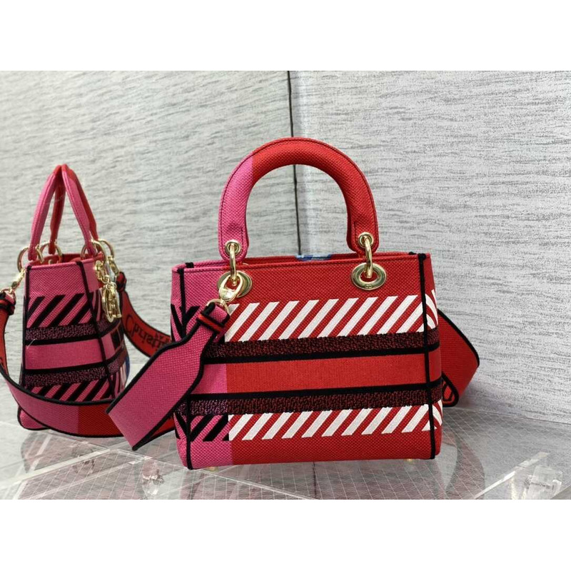 D*or medium lady d-lite bag embroidery red multicolor