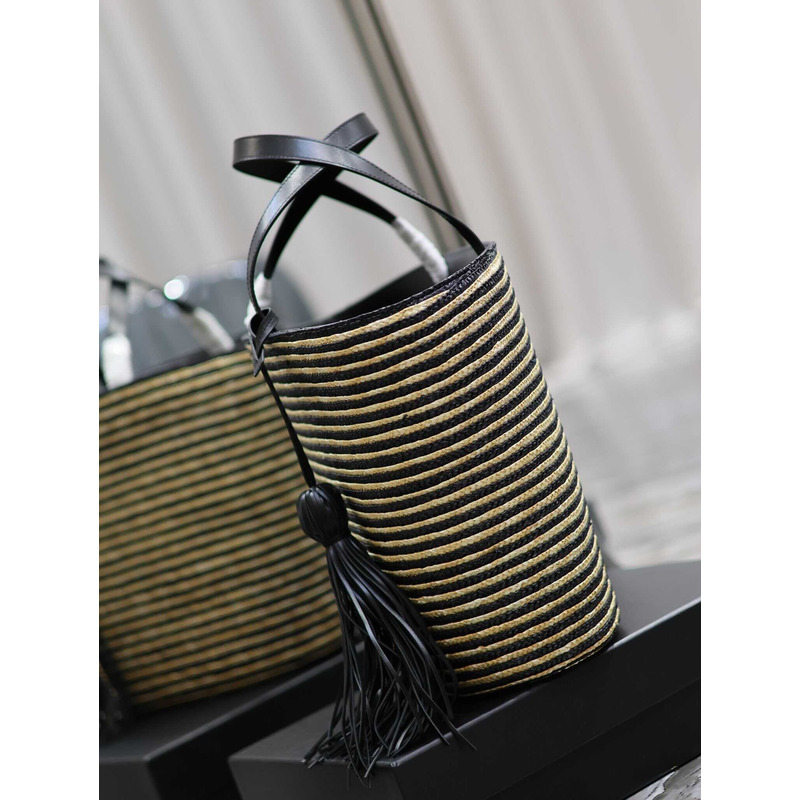 Saint Laurent Shopping Bag Tote  Raffia And Leather Beige&Black