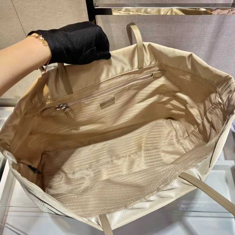 Pra*a re-nylon and saffiano leather tote bag desert beige