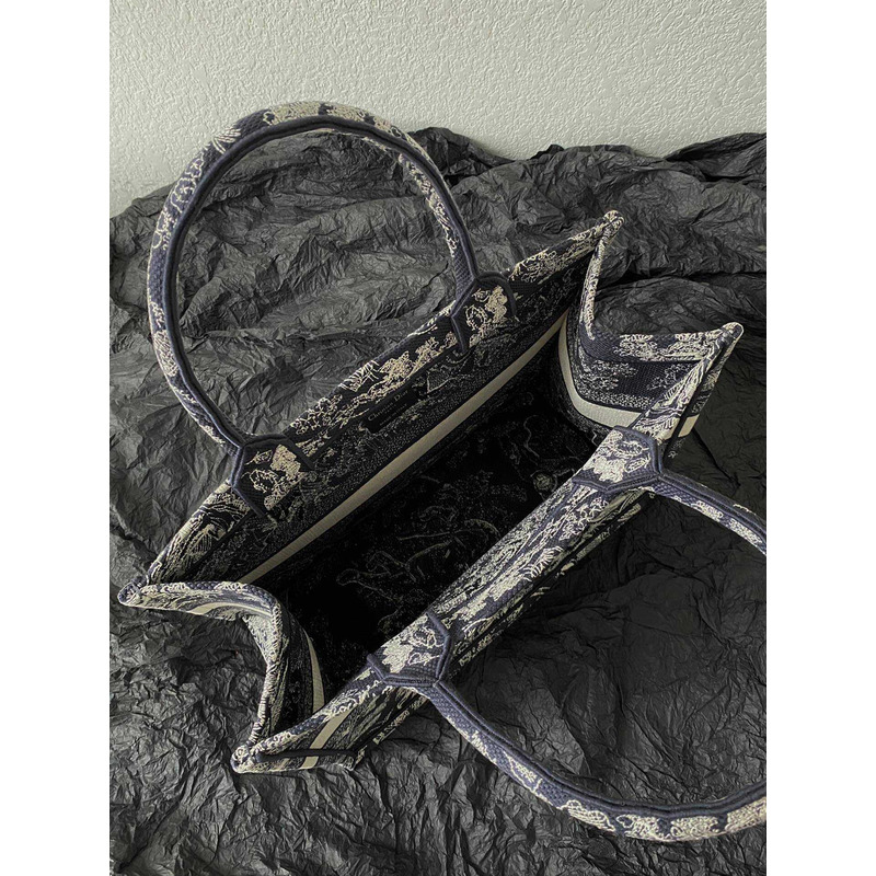 D*or medium book tote ecru toile de jouy reverse embroidery blue