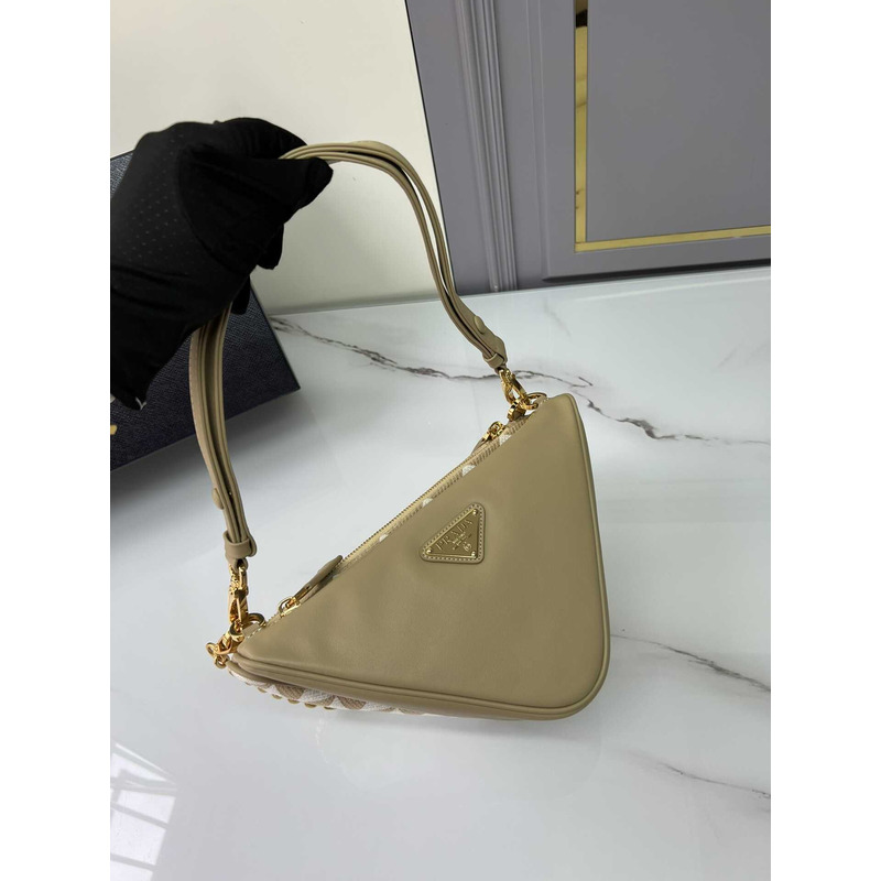 Pra*a symbole leather and fabric mini bag beige&white