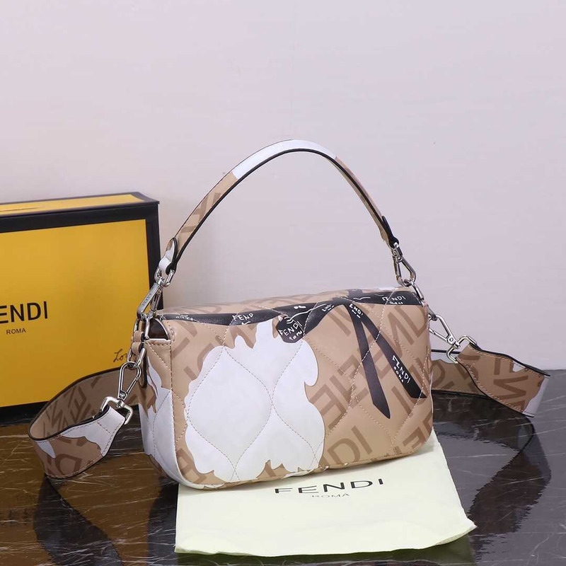 F**di baguette mini bag denim with ff embroidery beige&white