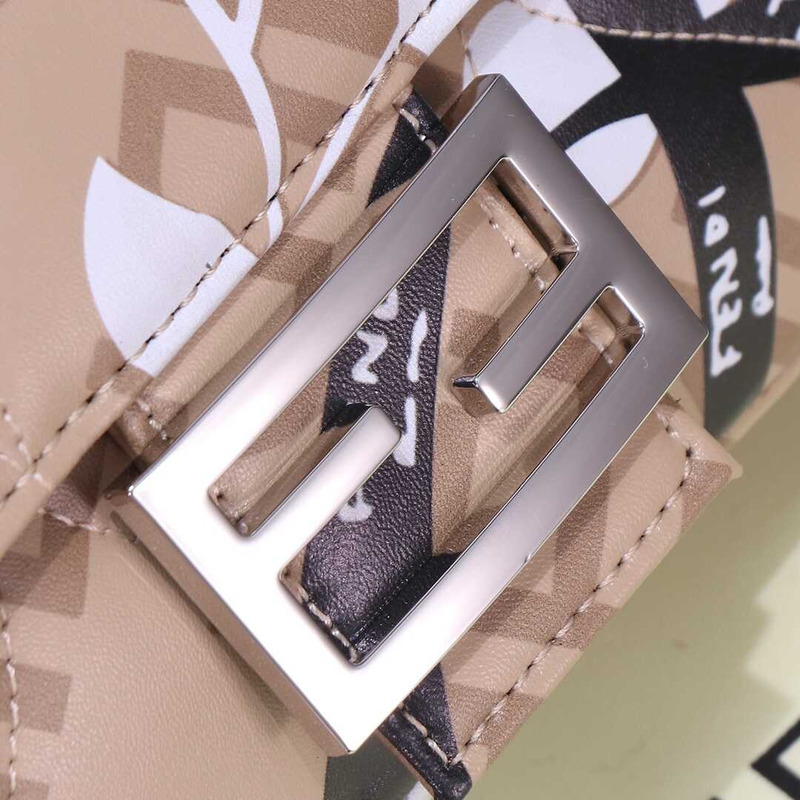 F**di baguette mini bag denim with ff embroidery beige&white