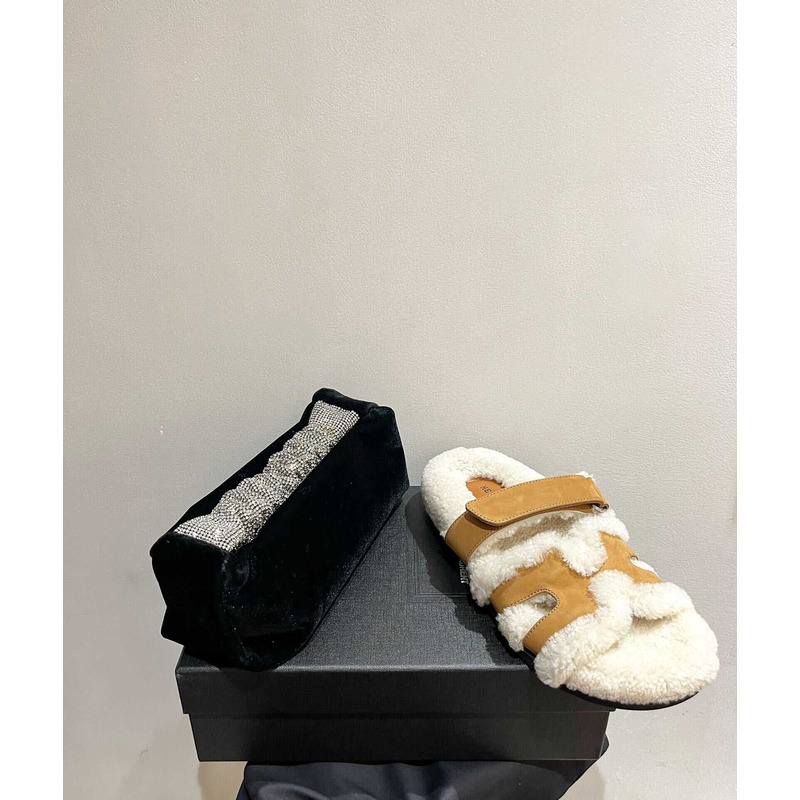 H**mes sandals with fur brown and white