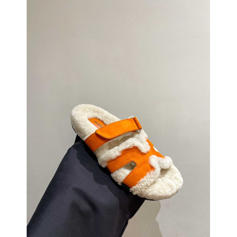H**mes sandals with fur orange and white